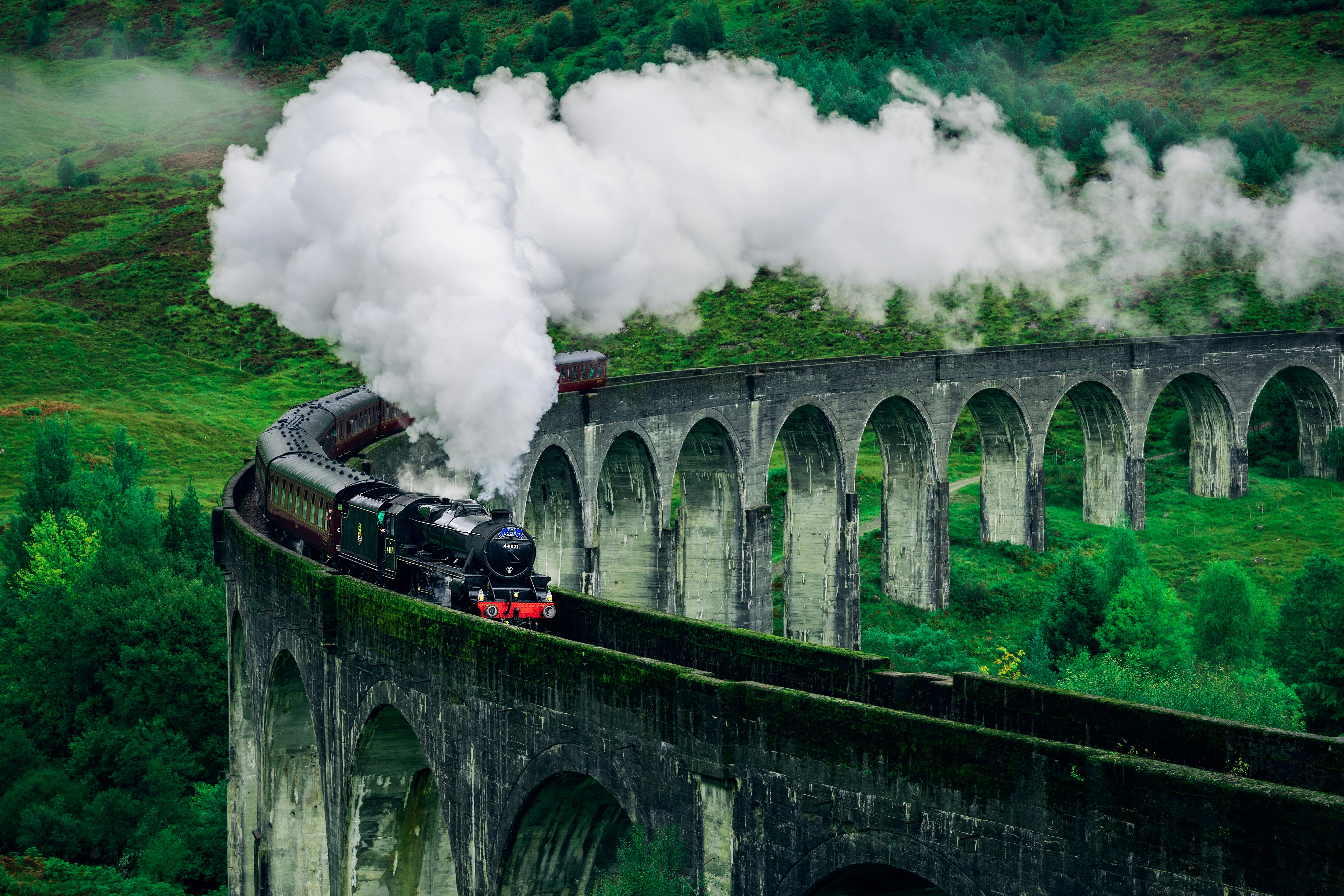 black and white train on rail bridge